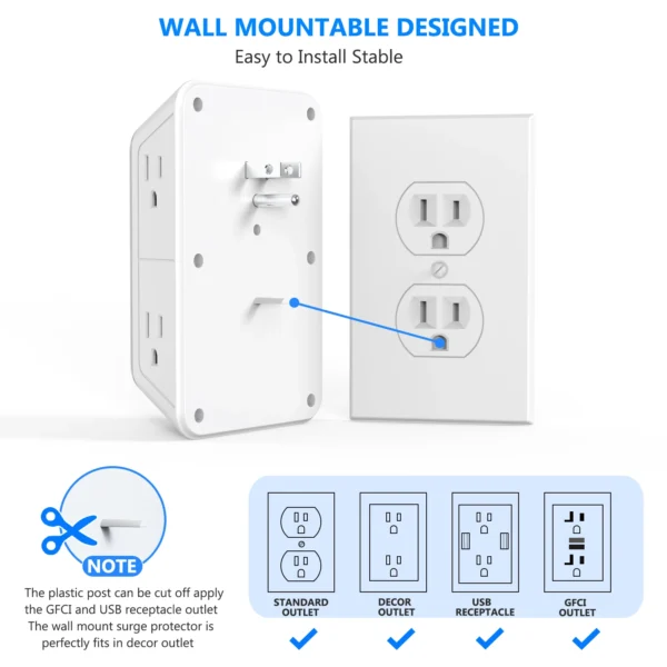 Regleta de enchufe  con 6 salidas de CA, 4 puertos USB (2 tipo C), enchufe múltiple de pared, filtro de red Universal de carga rápida - Imagen 5