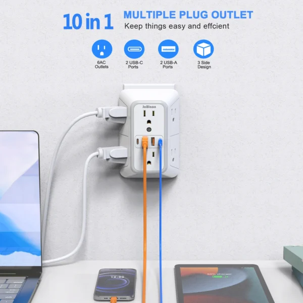 Regleta de enchufe  con 6 salidas de CA, 4 puertos USB (2 tipo C), enchufe múltiple de pared, filtro de red Universal de carga rápida - Imagen 3