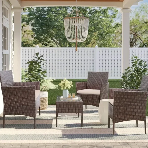 Uso interior al aire libre Patio Porche Jardín Balcón junto a la piscina Juegos Marrón y Beige Muebles de 4 piezas Juego de muebles de exterior - Imagen 2