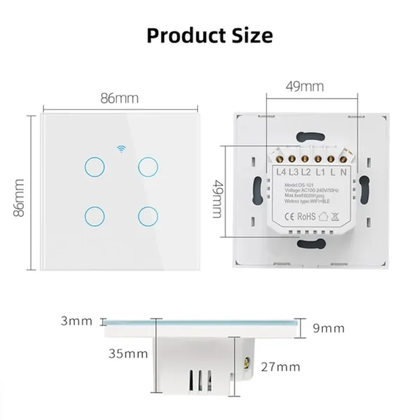 Interruptor inteligente de pared con WiFi para el hogar, pulsador táctil con luz de la UE de 220V, necesita cable neutro, compatible con Tuya, Smart Life, Alexa y Google Home, 1/2/3/4 entradas - Imagen 6