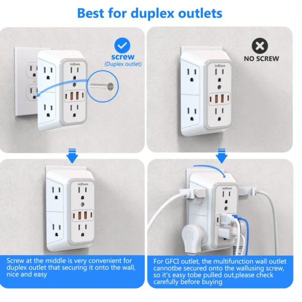 Regleta de enchufe  con 6 salidas de CA, 4 puertos USB (2 tipo C), enchufe múltiple de pared, filtro de red Universal de carga rápida - Imagen 6