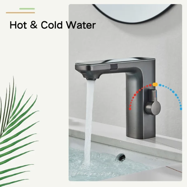 Grifo de lavabo con Sensor sin contacto, pantalla Digital inteligente de latón, mezclador de agua fría y caliente con batería, gris - Imagen 4