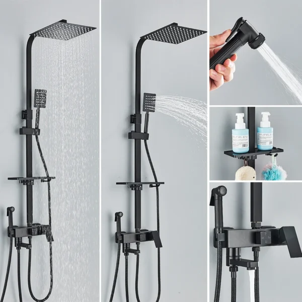 Juego de grifo de ducha de baño de lluvia, mezclador de bidé, sistema de cabina de baño de latón montado en la pared negro con estante, caño de bañera - Imagen 2