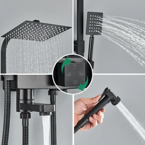 Juego de grifo de ducha de baño de lluvia, mezclador de bidé, sistema de cabina de baño de latón montado en la pared negro con estante, caño de bañera - Imagen 4