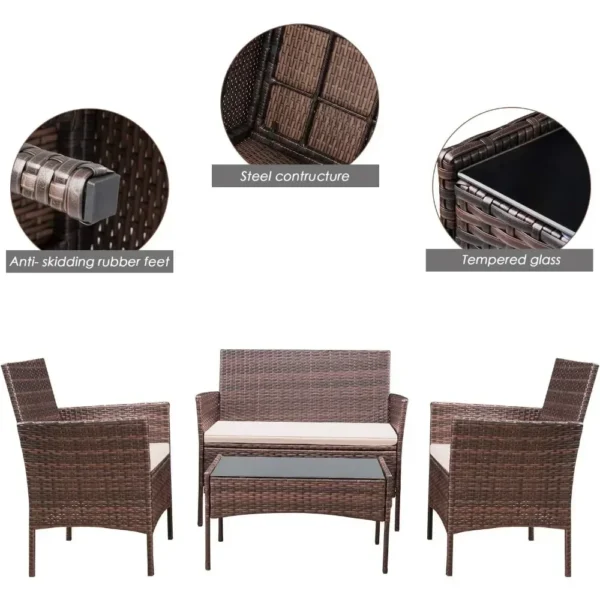 Uso interior al aire libre Patio Porche Jardín Balcón junto a la piscina Juegos Marrón y Beige Muebles de 4 piezas Juego de muebles de exterior - Imagen 3