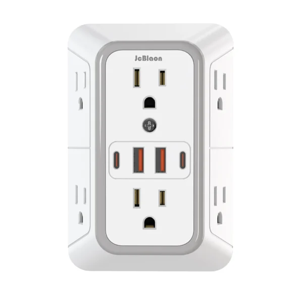 Regleta de enchufe  con 6 salidas de CA, 4 puertos USB (2 tipo C), enchufe múltiple de pared, filtro de red Universal de carga rápida