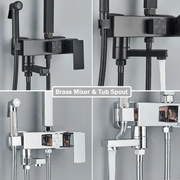 Juego de grifo de ducha de baño de lluvia, mezclador de bidé, sistema de cabina de baño de latón montado en la pared negro con estante, caño de bañera - Imagen 5
