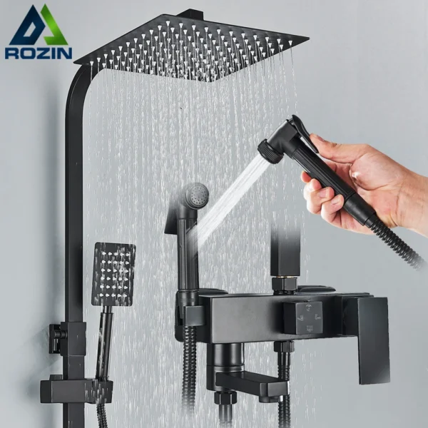Juego de grifo de ducha de baño de lluvia, mezclador de bidé, sistema de cabina de baño de latón montado en la pared negro con estante, caño de bañera