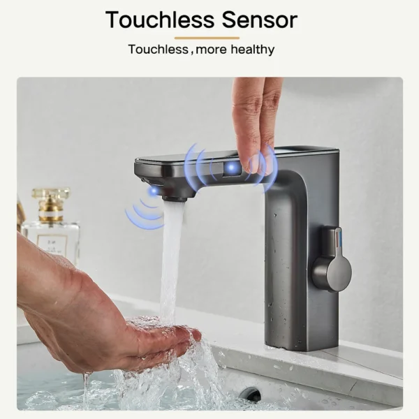 Grifo de lavabo con Sensor sin contacto, pantalla Digital inteligente de latón, mezclador de agua fría y caliente con batería, gris - Imagen 2