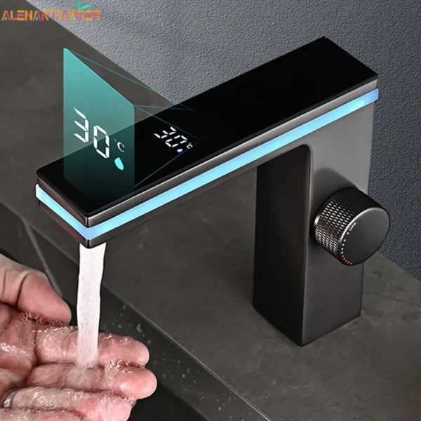 Grifo de lavabo de baño con pantalla Digital, mezclador inteligente de agua fría y caliente, montado en Cubierta de latón, LED