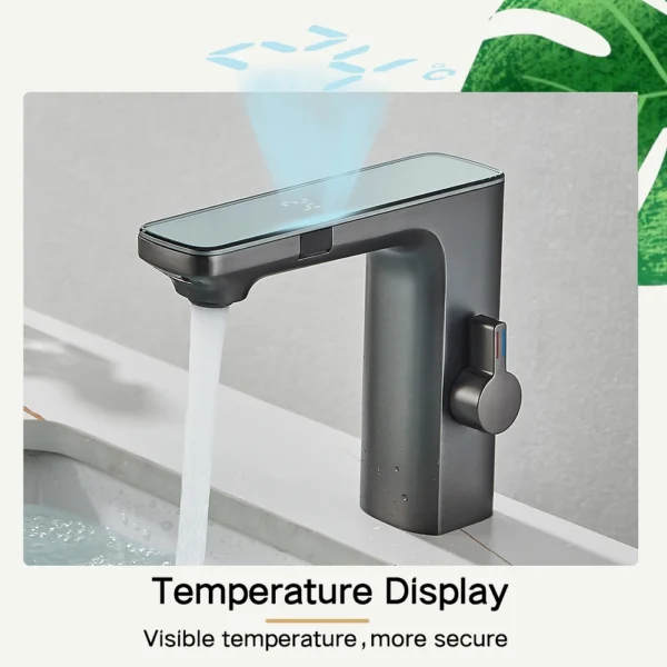 Grifo de lavabo con Sensor sin contacto, pantalla Digital inteligente de latón, mezclador de agua fría y caliente con batería, gris - Imagen 3