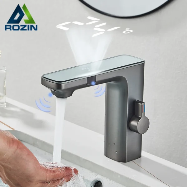 Grifo de lavabo con Sensor sin contacto, pantalla Digital inteligente de latón, mezclador de agua fría y caliente con batería, gris