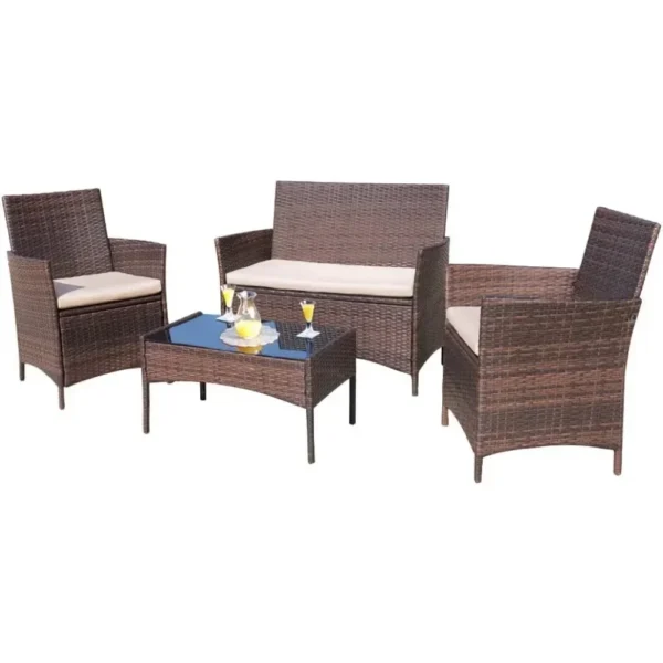 Uso interior al aire libre Patio Porche Jardín Balcón junto a la piscina Juegos Marrón y Beige Muebles de 4 piezas Juego de muebles de exterior