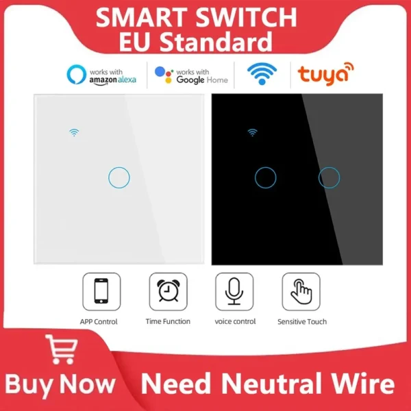 Interruptor inteligente de pared con WiFi para el hogar, pulsador táctil con luz de la UE de 220V, necesita cable neutro, compatible con Tuya, Smart Life, Alexa y Google Home, 1/2/3/4 entradas