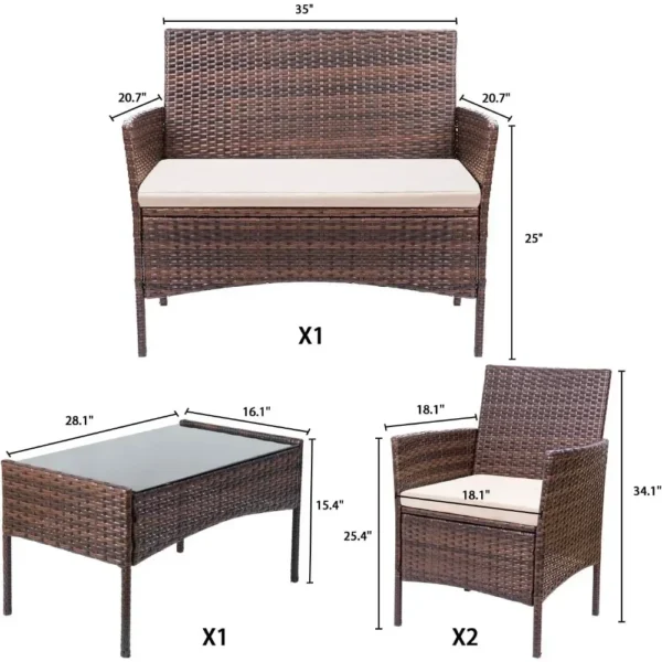 Uso interior al aire libre Patio Porche Jardín Balcón junto a la piscina Juegos Marrón y Beige Muebles de 4 piezas Juego de muebles de exterior - Imagen 6