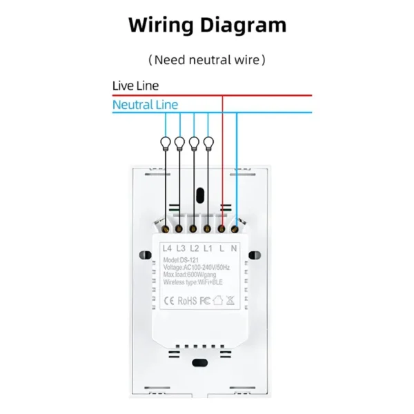Interruptor de luz inteligente con WiFi, dispositivo con cable neutro, táctil de pared, funciona con Alexa y Google Home, 1/2/3/4 entradas - Imagen 6