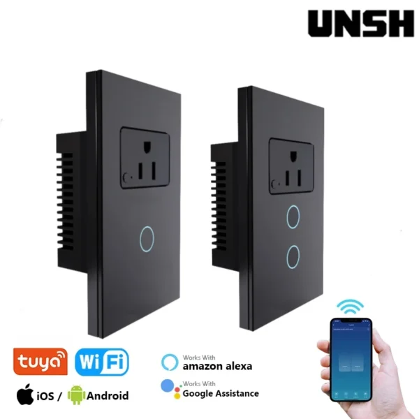 Interruptores táctiles con Panel de vidrio templado, enchufe estándar de EE. UU., México, Tuya, Wifi, 1 o 2 entradas, interruptor inteligente, funciona con Google Home/ Alexa