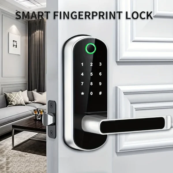 Cerradura de puerta inteligente con huella dactilar, dispositivo de cierre con Control remoto por aplicación, sin llave, WIFI, pantalla táctil Digital, NFC, IP67, resistente al agua, con 2 tarjetas IC - Imagen 4