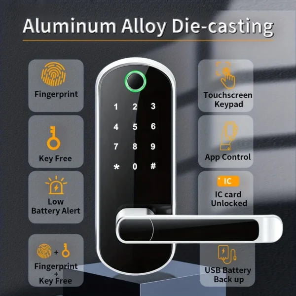 Cerradura de puerta inteligente con huella dactilar, dispositivo de cierre con Control remoto por aplicación, sin llave, WIFI, pantalla táctil Digital, NFC, IP67, resistente al agua, con 2 tarjetas IC - Imagen 3
