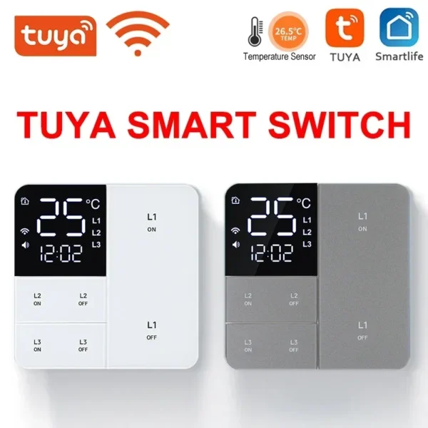 Tuya-interruptor inteligente con Wifi, dispositivo con función de visualización de tiempo de temperatura, 100-250V, 1/2/3 entradas, botón de luz de pared, temporizador, control remoto