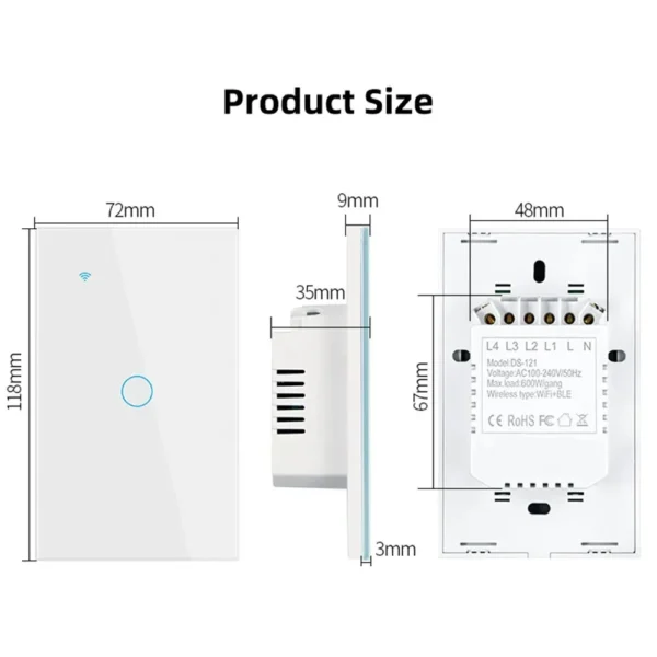 Interruptor de luz inteligente con WiFi, dispositivo con cable neutro, táctil de pared, funciona con Alexa y Google Home, 1/2/3/4 entradas - Imagen 5