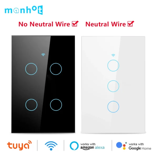 Interruptor táctil de pared inteligente Wifi Tuya, No requiere cable neutro, interruptor de luz LED remoto inalámbrico Smart Life, compatible con Alexa y Google Home