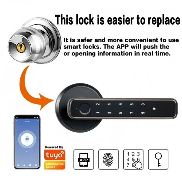 Cerradura de puerta inteligente con huella dactilar, Bluetooth, Tuya, con contraseña, llave mecánica, desbloqueo para puerta de madera, manija única, Smartlife M4 - Imagen 4