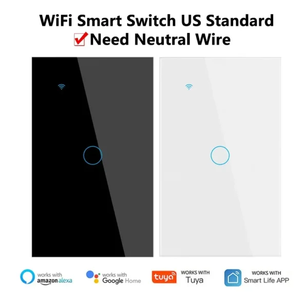 Interruptor de luz inteligente con WiFi, dispositivo con cable neutro, táctil de pared, funciona con Alexa y Google Home, Control por voz