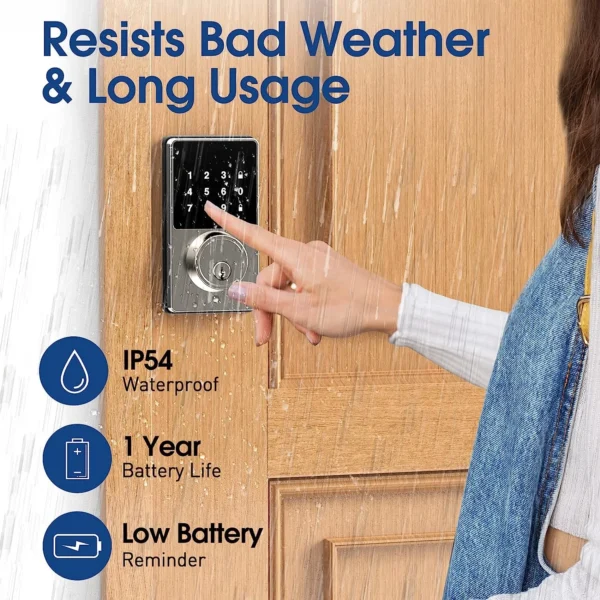 Cerradura inteligente con contraseña, cerradura de puerta de entrada sin llave con teclas de pantalla táctil, fácil de instalar, desbloqueo por aplicación, 50 códigos de usuario - Imagen 6