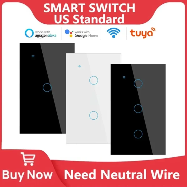 Interruptor de luz inteligente con WiFi, dispositivo con cable neutro, táctil de pared, funciona con Alexa y Google Home, 1/2/3/4 entradas