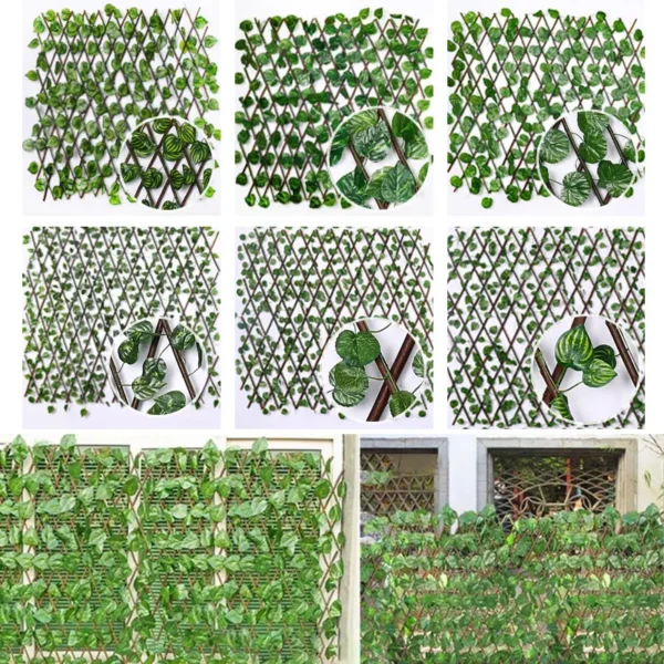 Pantalla de privacidad de enrejado en expansión para jardín Artificial, cobertura de hojas de hiedra sintética, valla de madera para edificios de jardín